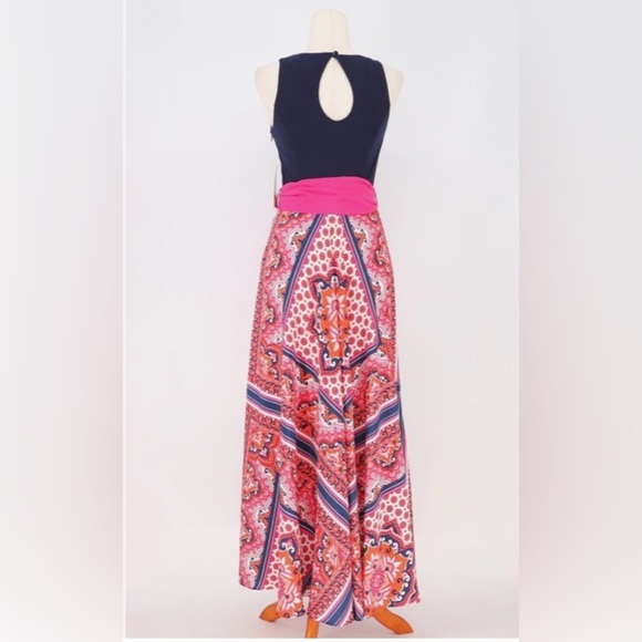 ELIZA J Paisley Scarf Print Belted Maxi Dress Size 6 Navy Pink Jersey Summer Fun - Picture 4 of 9